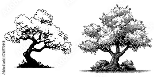 A sakura tree is depicted in a state of blossoming pixel tranquility within a retro digital pixel art piece