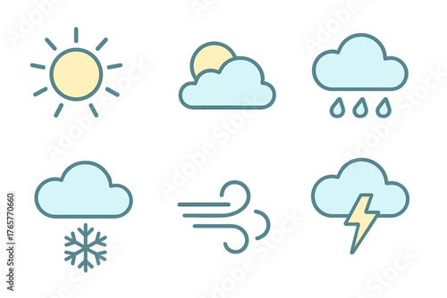 Minimalist set of weather icons depicting atmospheric conditions like sun, clouds, rain, snow, and wind