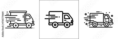 Fast moving shipping delivery truck symbol, represented in line art style, suitable for transportation-related applications and websites, featuring a contemporary design isolated on a transparent