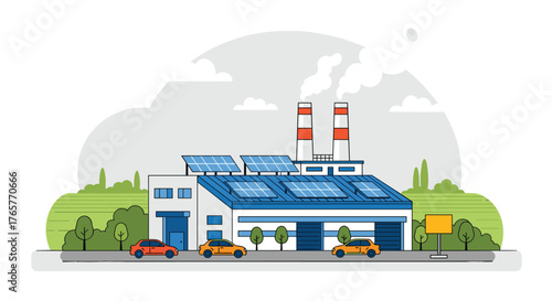 Sustainable energy factory with solar panels generating clean power and reducing emissions, modern eco-friendly industrial building