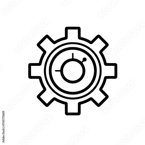 Infographic interface elements, including a black single round gear workflow icon, are showcased in a flat design style, featuring a simple cog wheel process circle loop, ideal for app logos, web