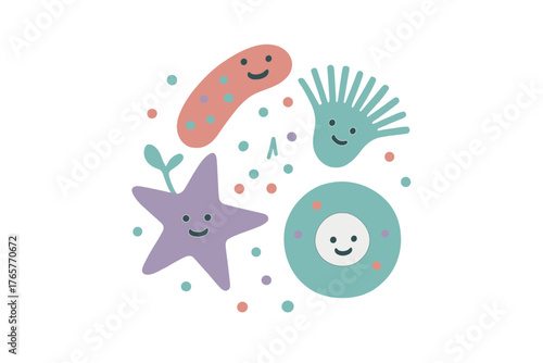 Cute abstract microorganisms and simple marine life forms with smiling faces
