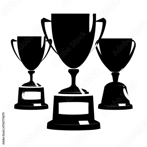 Modern illustrations of abstract rhombus-shaped awards, isolated on a transparent background, feature 3D glass trophies positioned on platforms constructed from plastic and stone, representing the