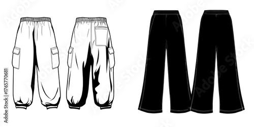 Technical cad drawing template for mens wide leg baggy cargo pants shown in modern illustration with flat sketch front and back view details