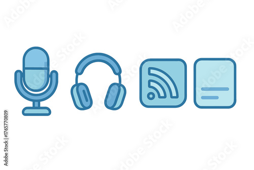 Blue technology symbols set featuring microphone, headphones, RSS feed, and document file