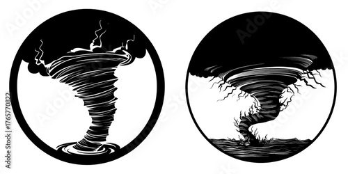A modern depiction of a 3D tornado, complete with wind, hurricane, and twister storm elements, showcases a whirlwind swirl and cyclone, presenting an isolated, realistic air vortex effect, featuring