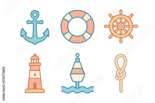 Set of essential marine symbols including anchor, lifebuoy, ship wheel, lighthouse, buoy, and rope knot