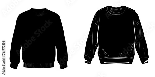 Technical fashion illustration of a sweatshirt features a geometric design, showcasing a round neck and ribbed details in a flat drawing template