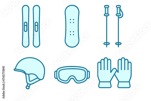 Essential winter sports equipment set including skis snowboard helmet goggles and gloves