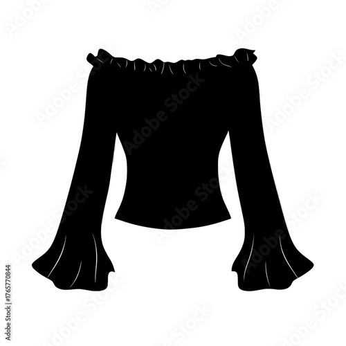 Women's fashion features a modern top design with a ruffle, long bell sleeve, and hem gathering, illustrated in a flat sketch template drawing
