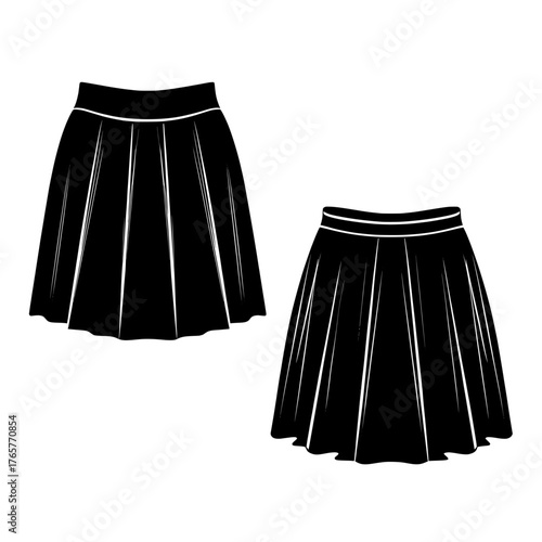 Technical drawing template for a mini skirt with a pleated design, including a back zipper and pockets, shown in white, with front and back views, as part of a women's CAD mockup set for fashion