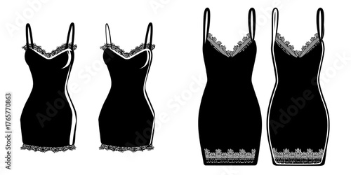 Technical fashion illustration of a Slip Dress, featuring a mini dress with lace trim, presented in a fashion flat technical drawing template with side zip-up, strap, and views from the front and