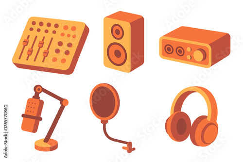 Isometric set of professional audio production and recording studio equipment
