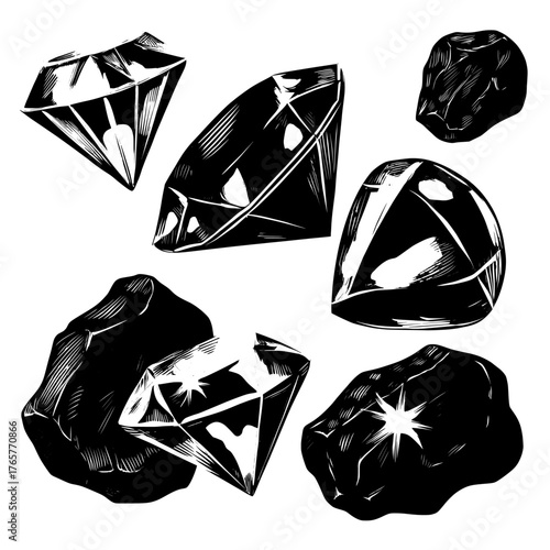 A collection of gem stone crystals, comprising blue diamond or ice, red ruby, purple amethyst, and green emerald minerals, is showcased in a modern cartoon illustration set against a black background