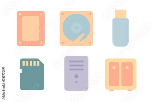Flat design symbols of computer data storage and processing hardware components