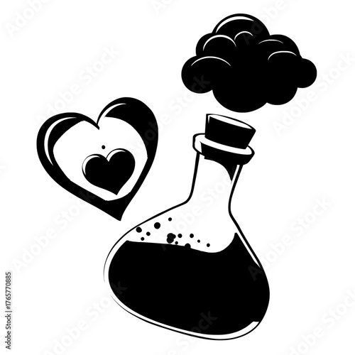 A modern cartoon illustration set includes an isolated love potion bottle animation sprite sheet on a background, highlighting an open heart-shaped glass flask, a label, a puff cloud effect of magic