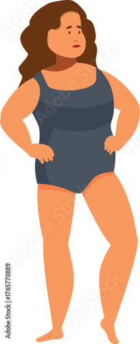 Curvy woman wearing swimsuit is posing with hands on her hips, promoting body positivity and self acceptance