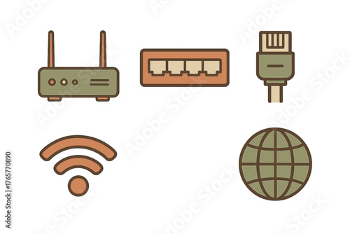 Retro style icons set for internet connection, wireless router, network switch, and global communication