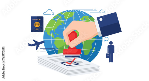 Travel and immigration concept with passport approval, airplane, and globe, perfect for global business, tourism, and travel agency marketing
