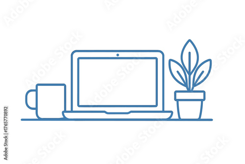 Minimalist workspace setup with laptop, coffee mug, and potted houseplant