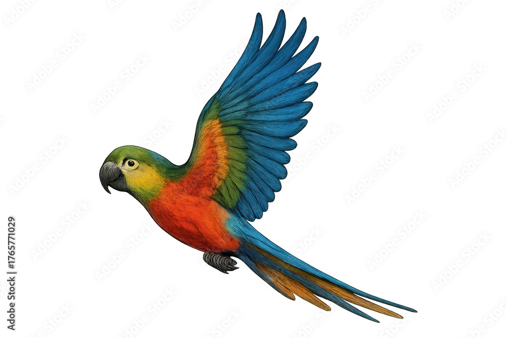 Fototapeta premium Colorful macaw flying with wings spread, tropical parrot bird animal illustration on transparent background