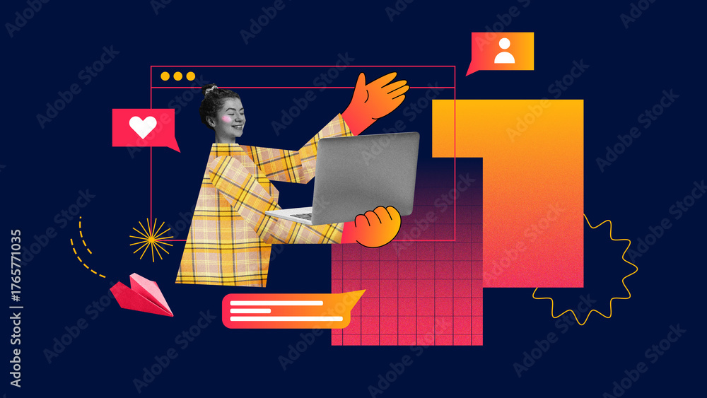 Obraz premium Creative collage. Smiling woman using laptop with chat icons symbolizing customer engagement. Concept of social media marketing, audience connection and emotional communication in digital PR campaigns