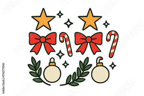 Symmetrical arrangement of Christmas holiday elements including stars, bows, candy canes, ornaments, and greenery