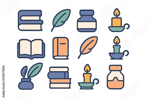 Vintage writing and literature elements including books, quills, ink, and burning candles