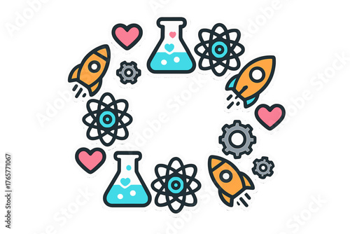 Colorful science, technology, and love icons forming a decorative circular border frame