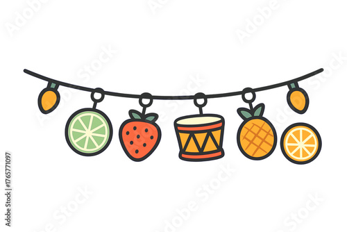 Colorful summer party garland with tropical fruit slices, strawberry, pineapple, and decorative drum