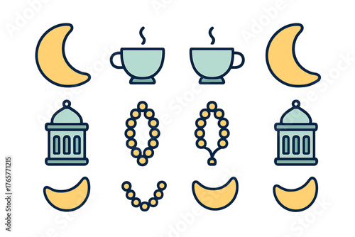 Set of Islamic Ramadan and Eid symbols: crescent moon, lanterns, prayer beads, and hot drinks