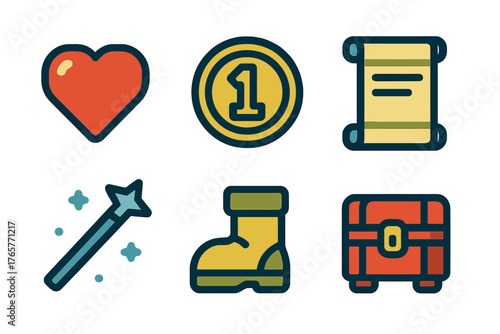 Six adventure and fantasy game icons including heart coin scroll magic wand boot and treasure chest