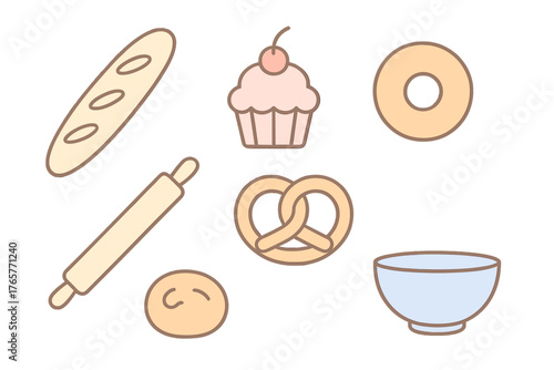 Collection of sweet and savory baked goods and kitchen tools for baking