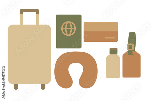 Collection of travel essentials including passport, suitcase, neck pillow, and credit card