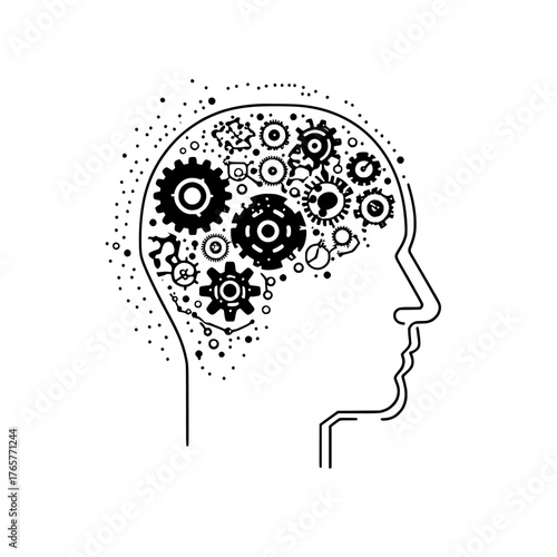 Linear icon of a human head containing cogwheels, symbolizing technological advancement, presented as a thin line illustration on a white background