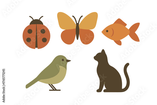 Simple stylized animal set featuring a ladybug, butterfly, fish, bird, and cat