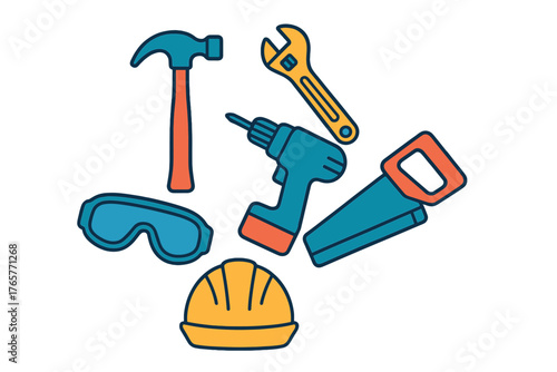 Essential construction and DIY repair tools set including hammer, wrench, drill, and safety gear