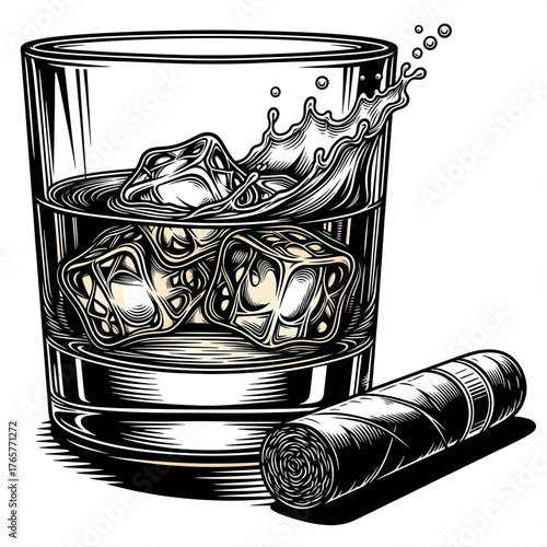 Classic whiskey glass with ice cubes splashing and a hand rolled cigar resting beside it