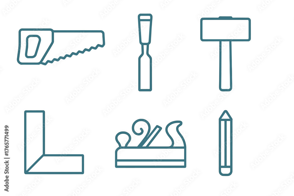 Fototapeta premium Woodworking and construction tools including saw, hammer, chisel, and plane