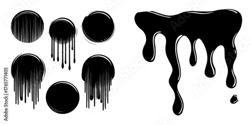 Modern abstract elements in spray paint, isolated on a white background, featuring lines and drips in a street style set
