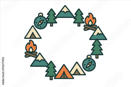 Circular arrangement of outdoor adventure icons featuring tents, mountains, pine trees, and campfires
