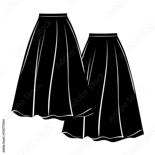 Modern illustration featuring flat sketch of women's belted circle skirt, set of womens midi length skirt fonts, and technical back view drawings’ becomes ‘Set of womens midi length skirt fonts and
