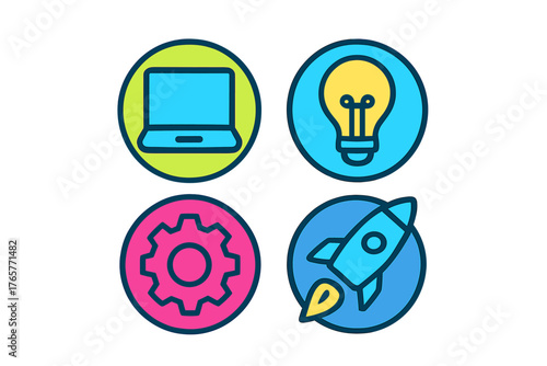 Colorful technology and business concept icons: laptop, lightbulb, gear, and rocket