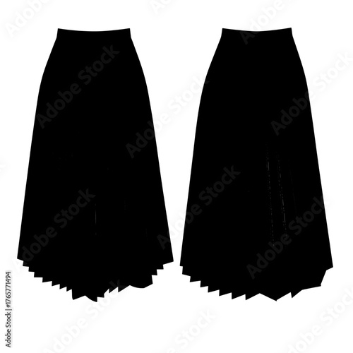 Modern illustration featuring a flat sketch of a womens dirndl skirt, with technical drawings of the front and back views of a pleated skirt in a contemporary font style’ becomes ‘A set of technical