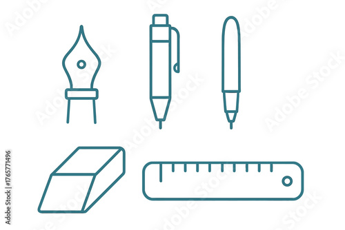 Outline icons set of drawing and writing instruments including pen nib, pencil, ruler, and eraser