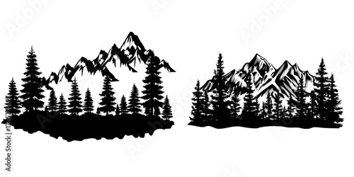 The landscape features mountains and a pine forest, illustrated in a modern flat style