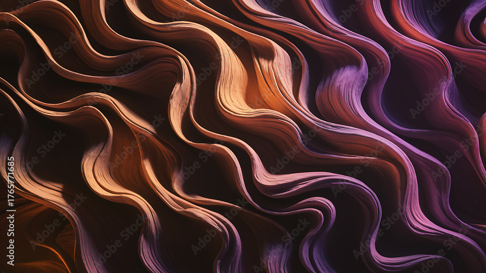 Obraz premium Abstract Flowing Wave Pattern with Warm and Cool Colors, 3D Rendered Wavy Background with Liquid and Fabric Texture, Luxury Modern Wallpaper Design.