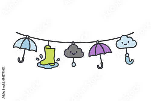 Cute cartoon weather icons hanging on a string banner: umbrella, cloud, and rubber boot