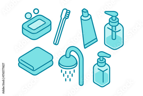 Isometric icons set of essential hygiene and bathroom items including soap, toothbrush, and shower