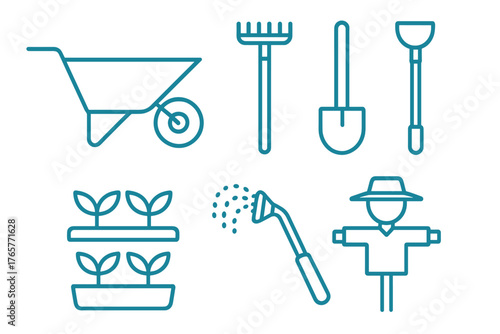 Outline icons of gardening and farming tools: rake, shovel, wheelbarrow, and scarecrow